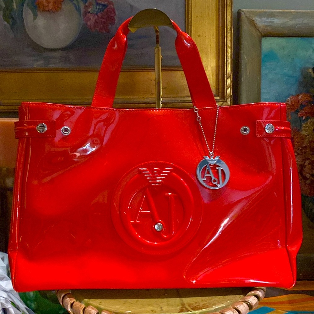 ARMANI JEANS Hand Bag Red/Orange w/Logo Key Chain